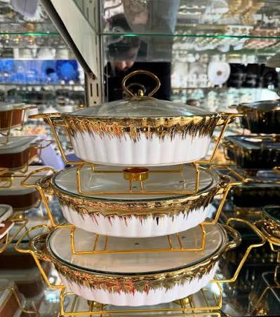 Luxury White & Gold Serving Dish Set with Warming Stand
