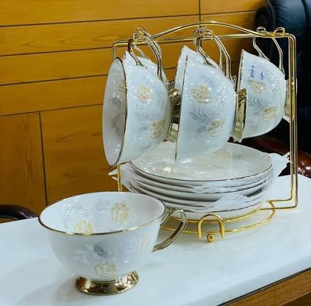 Elegant Floral Tea Cup & Saucer Set with Gold Stand – 6 Pieces