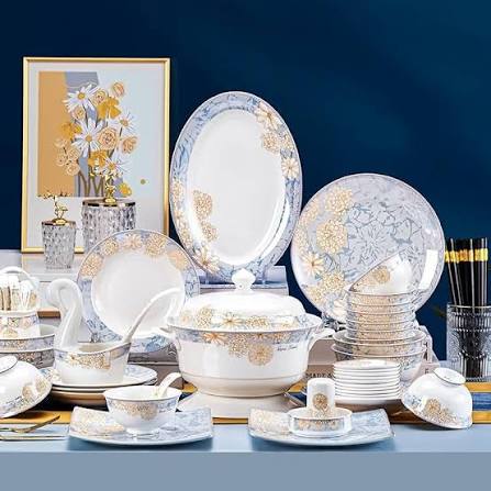 Luxury Floral Dinnerware Set with Gold & Blue Detailing