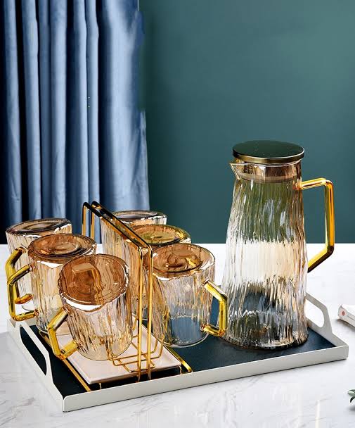 Luxury Glass Water Jug & 6-Piece Glass Set with Gold Stand