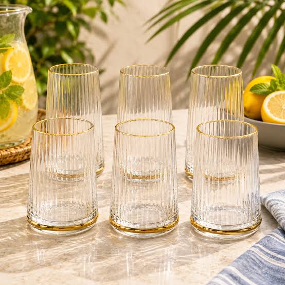 Elegant Ribbed Glass Set with Gold Rim – 6 Pieces