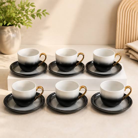 Elegant Black & White Tea Cup Set with Gold Handles – 6 Pieces