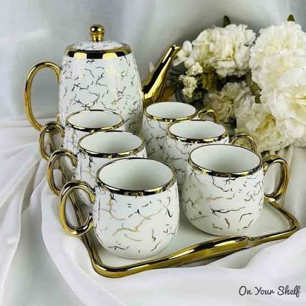 Luxury Marble Design Tea Set with Gold Finish – 6 Cups & Teapot