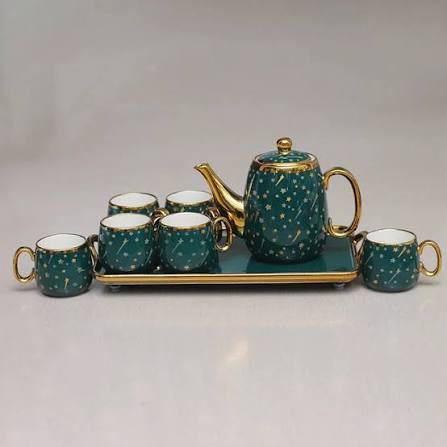 Elegant Emerald Green Tea Set with Gold Detailing – Teapot & Cups